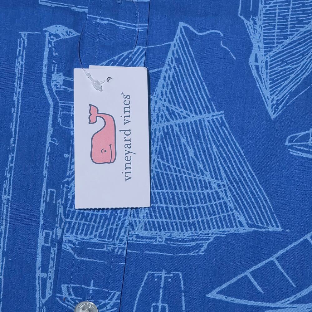 New Vineyard Vines Whale Shirt Blue Sailboat Print Short Sleeve Button Down Mens - Picture 7 of 14